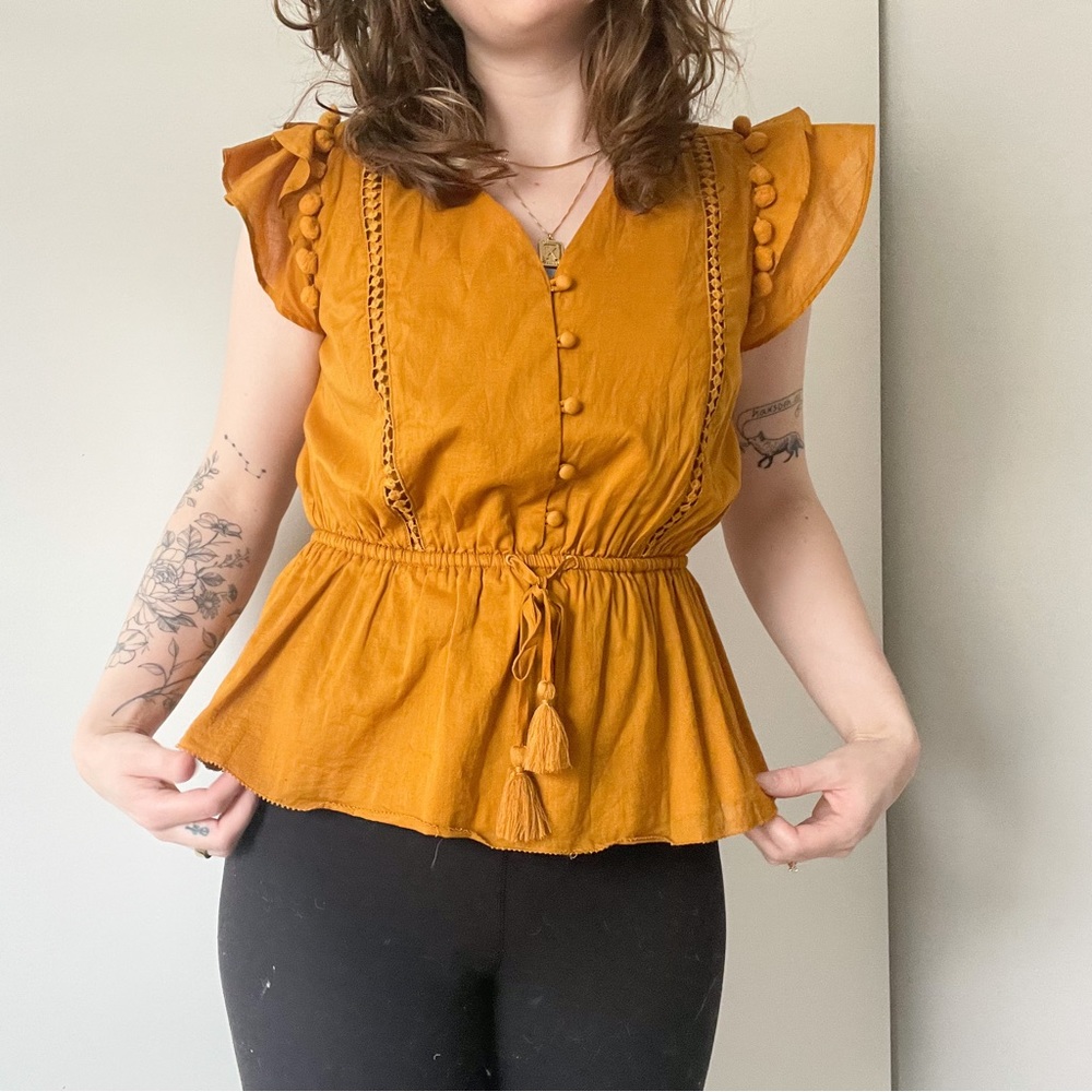Burnt yellow/orange flared indie blouse J.crew Point Sue
